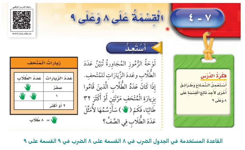 القاعدة المستخدمة في الجدول الضرب في ٨ القسمة على ٨ الضرب في ٩ القسمة على ٩