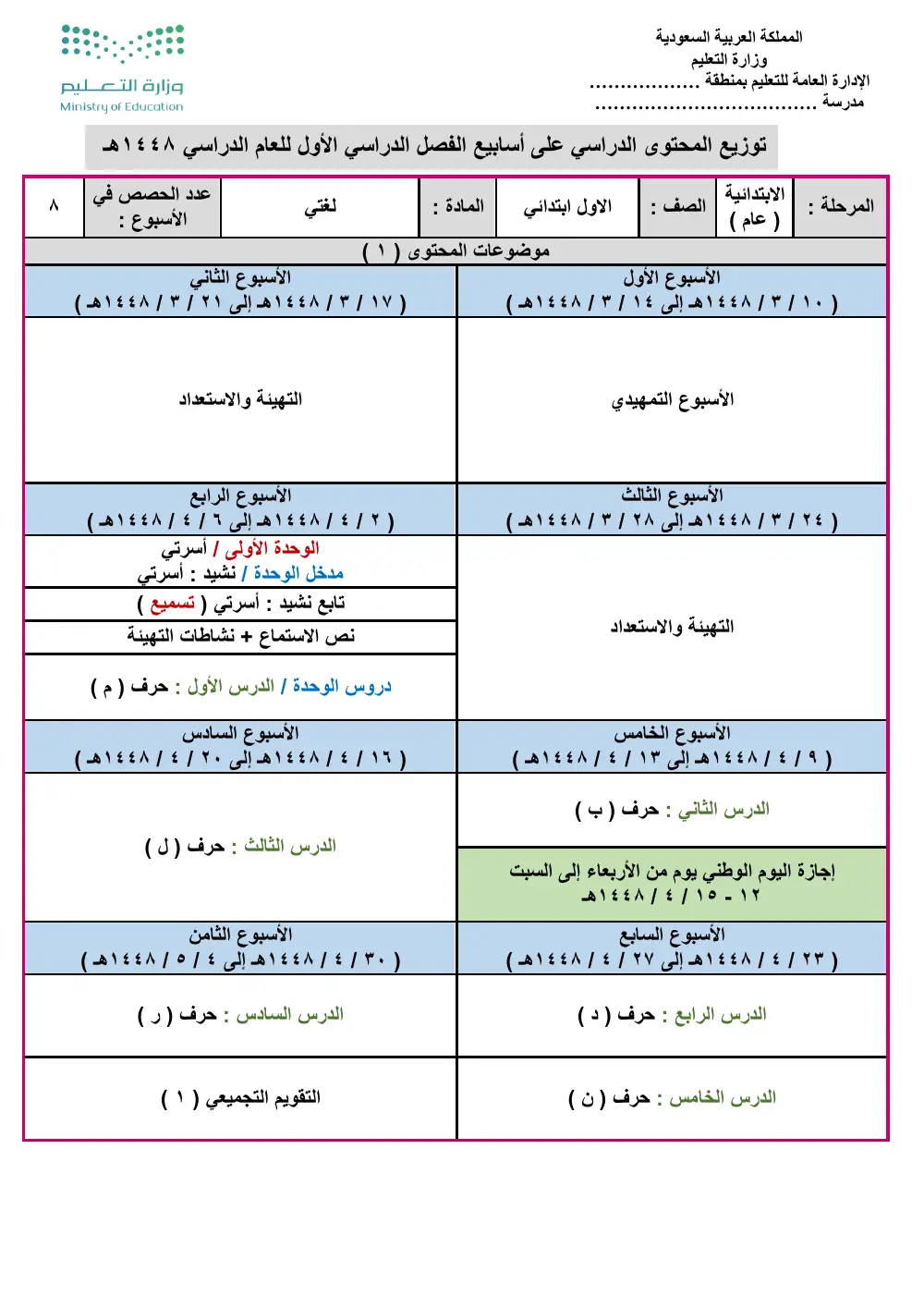 معاينة توزيع لغتي أول ابتدائي 1448 الفصل الأول