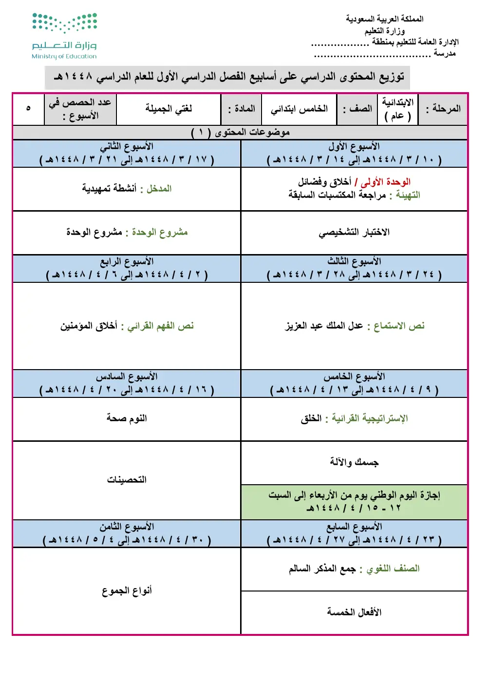 معاينة توزيع لغتي الجميلة خامس ابتدائي 1448 الفصل الأول