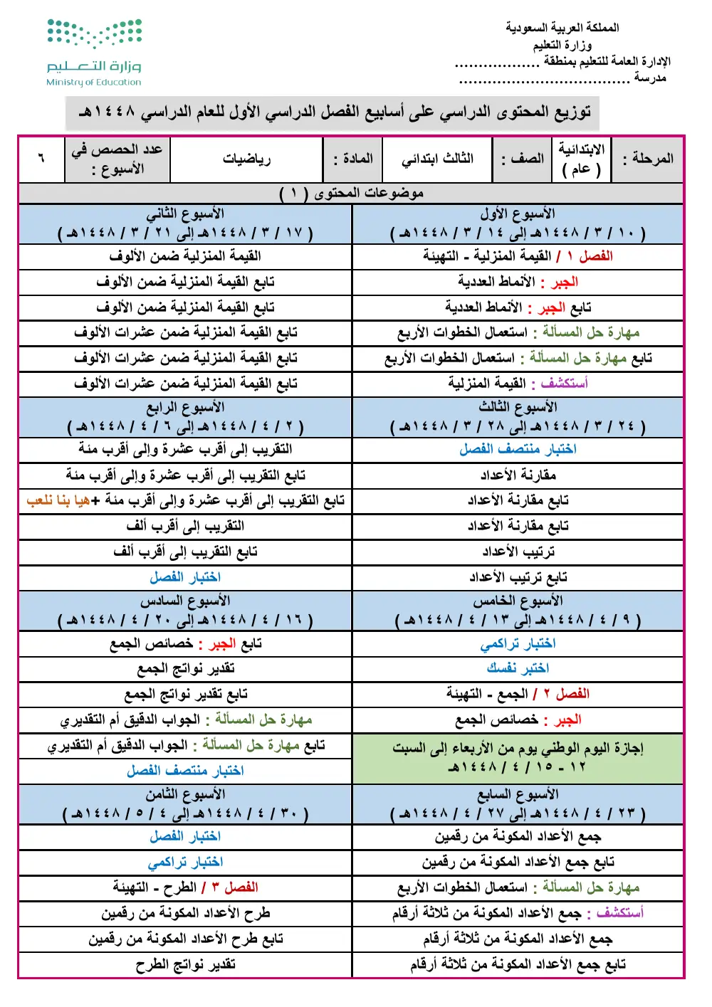 معاينة توزيع رياضيات ثالث ابتدائي 1448 الفصل الأول