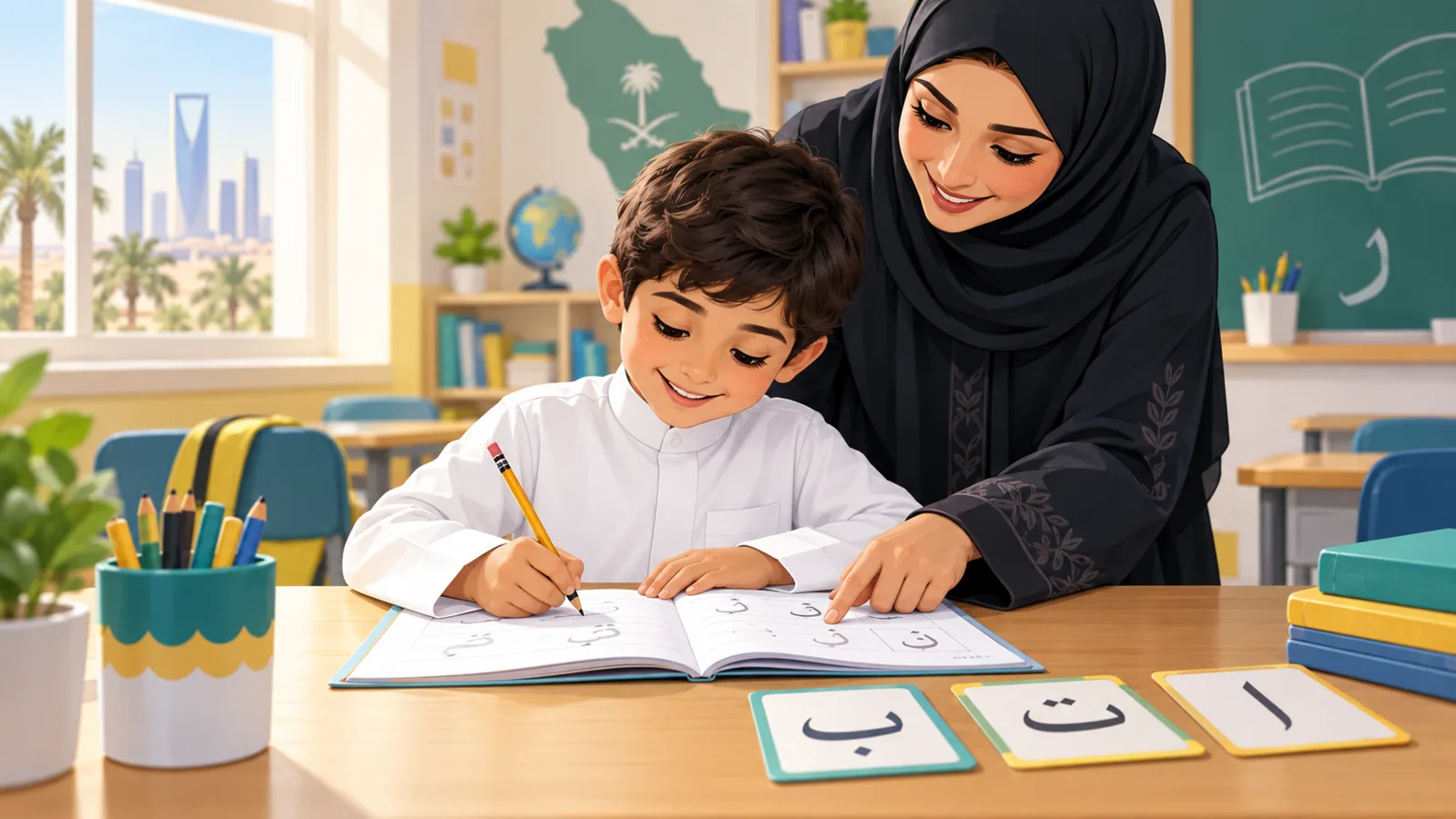طالب في الصف الثاني يتدرب على القراءة والكتابة العربية